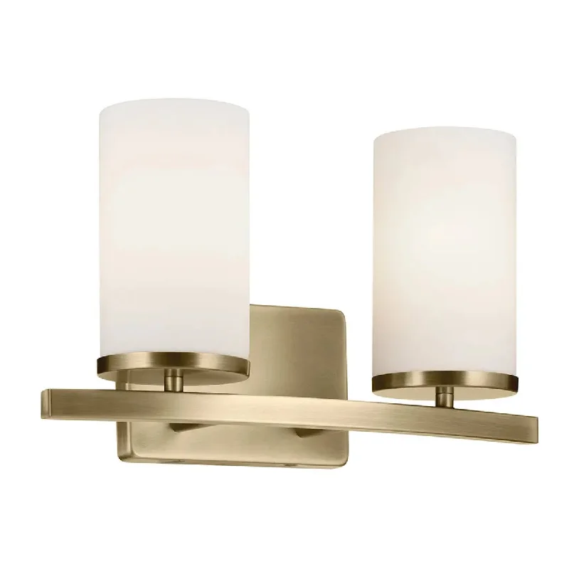 Dust - Resistant Industrial Lighting for Dirty WorkspacesCrosby 15" 2-Light Vanity Light with Satin Etched Cased Opal Glass, Natural Brass Finish Dust - Resistant Industrial Lighting for Dirty WorkspacesCrosby 15" 2-Light Vanity Light with Satin Etched Cased Opal Glass, Natural Brass Finish