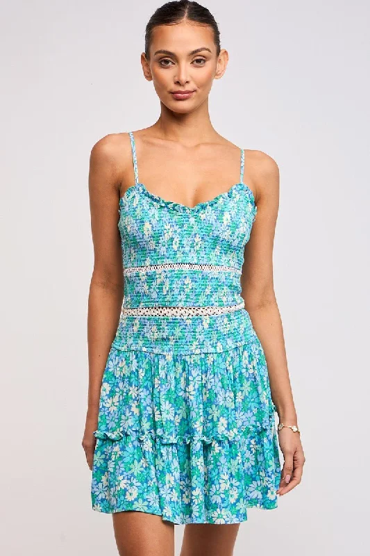 Ayla Teal Blue Floral Smocked Mini Dress