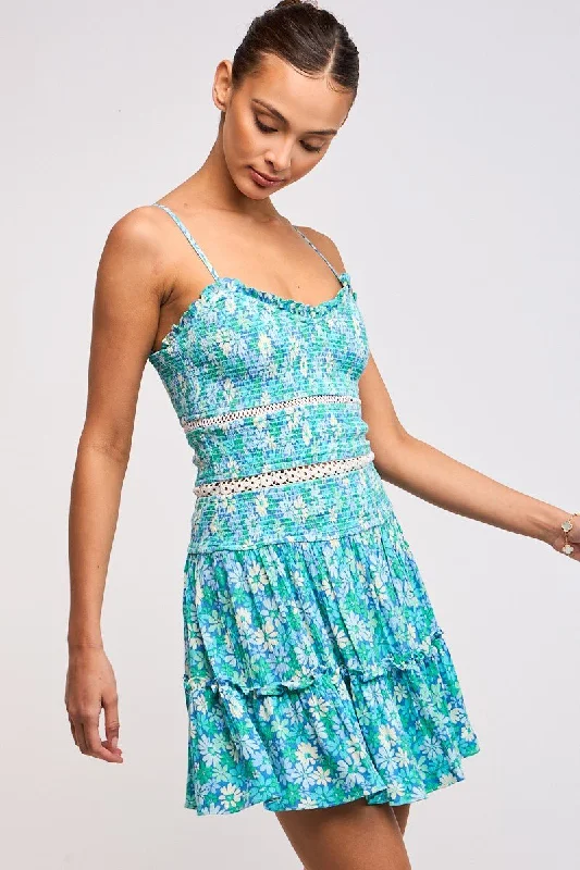 Ayla Teal Blue Floral Smocked Mini Dress