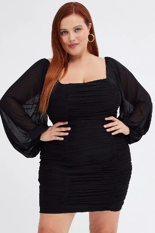 Black Bodycon Dress Long Sleeve Ruched Mesh