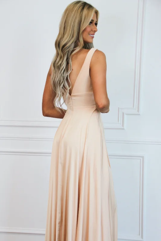 Remi Satin V-Neck Slit Formal Dress: Champagne