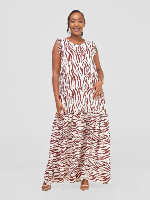 Vivo Ava Tent Flounce Maxi Dress - Maroon / White Print