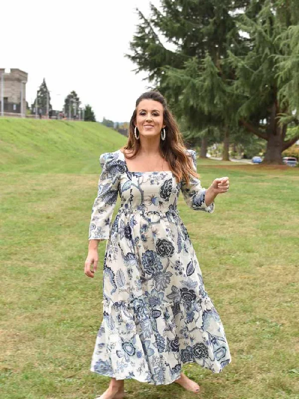 Montauk Blue Floral Puff Sleeve Maxi Dress