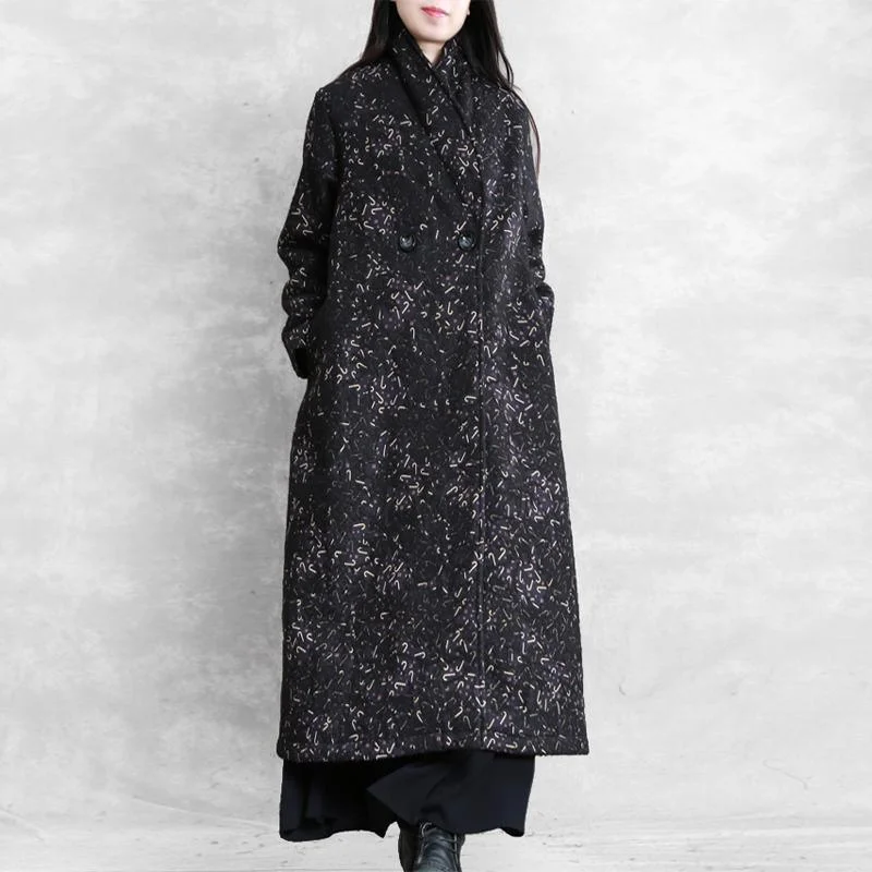 Women Notched pockets Plus Size tunic coat black print tunic coat