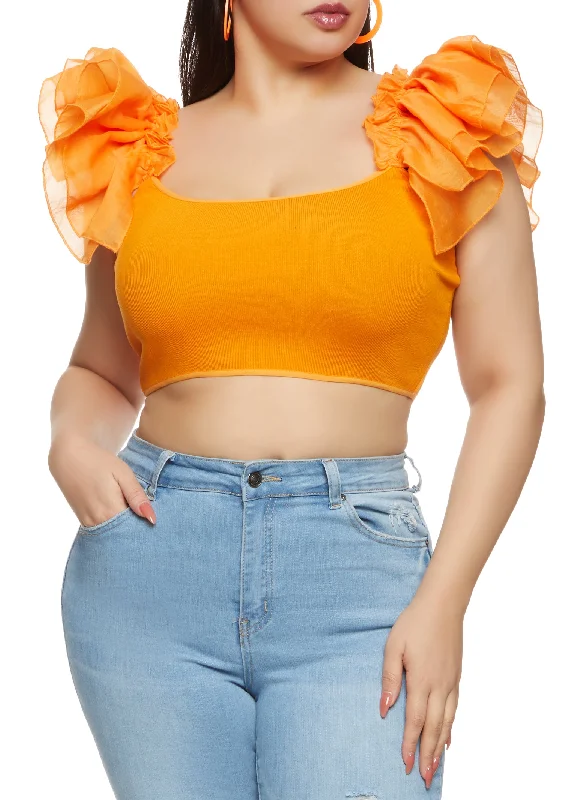 Plus Size Ribbed Flutter Sleeve Crop Top