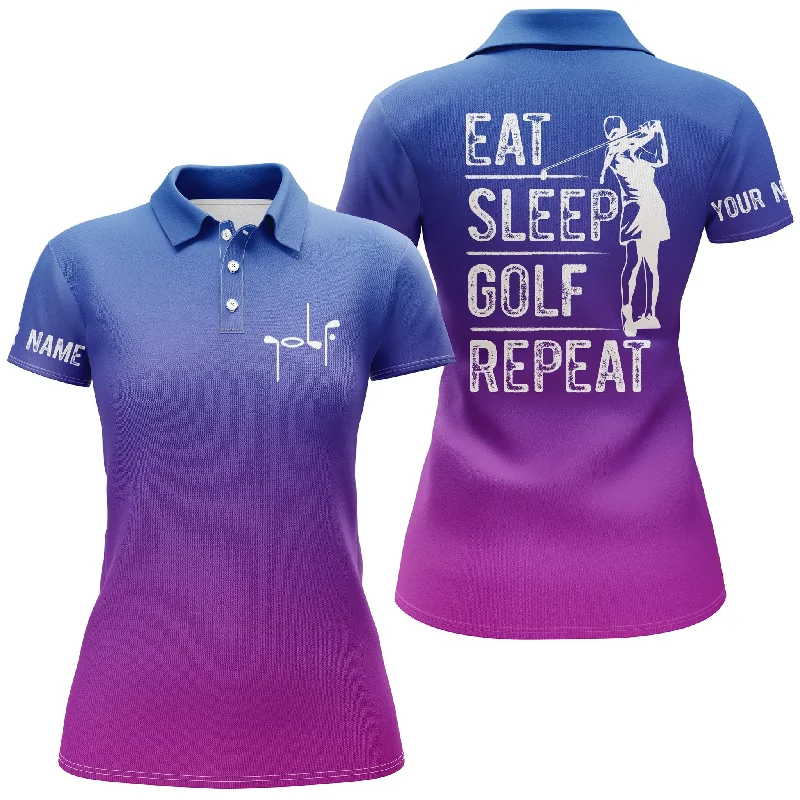 Women Golf Polo Shirt Custom Name Gradient Color Eat Sleep Golf Repeat, Gifts For Golf Lovers