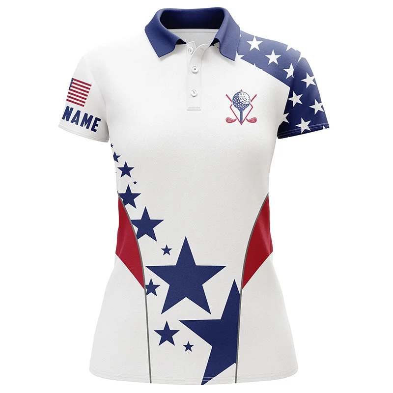 Women Golf Polo Shirts American Flag Custom Patriotic Red, White, And Blue Golf Tops For Ladies