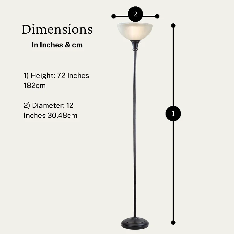 Way Switch Floor Lamp for Multiple Light Intensity Levels Way Switch Floor Lamp for Multiple Light Intensity LevelsBronze Torchiere Floor Lamp, 72" with Frosted Glass Shade - Measures: L:12 in. x W:12 in. x H:71.2 in. Way Switch Floor Lamp for Multiple Light Intensity Levels Way Switch Floor Lamp for Multiple Light Intensity LevelsBronze Torchiere Floor Lamp, 72" with Frosted Glass Shade - Measures: L:12 in. x W:12 in. x H:71.2 in.