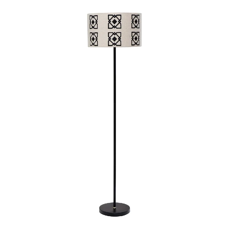 Bohemian Inspired Floor Lamp for Eclectic Home DecorBohemian Inspired Floor Lamp for Eclectic Home DecorModern Traditional Black and White Floor Lamp Shade and Black Metal Lamp Base - Black and White
